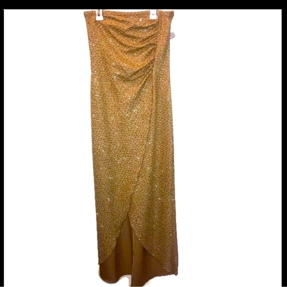 Hyphen Gold Champagne Evening Gown Slit Formal Prom Dress